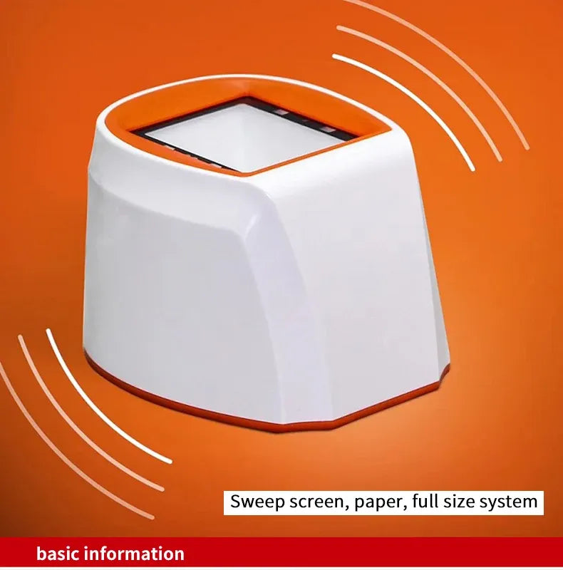 White desktop 2D barcode scanner platform with orange accent and scan motion lines
