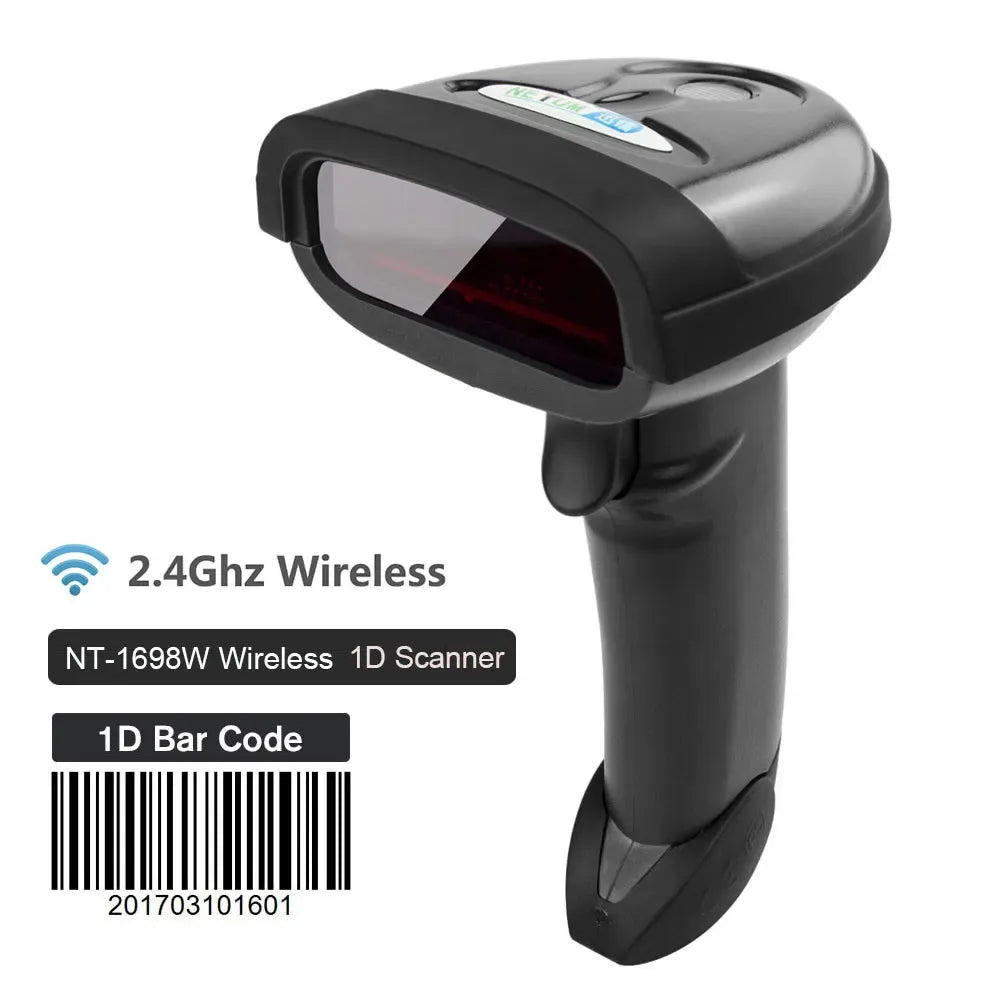 Black wireless handheld 1D barcode scanner with 2.4GHz icon and scan window