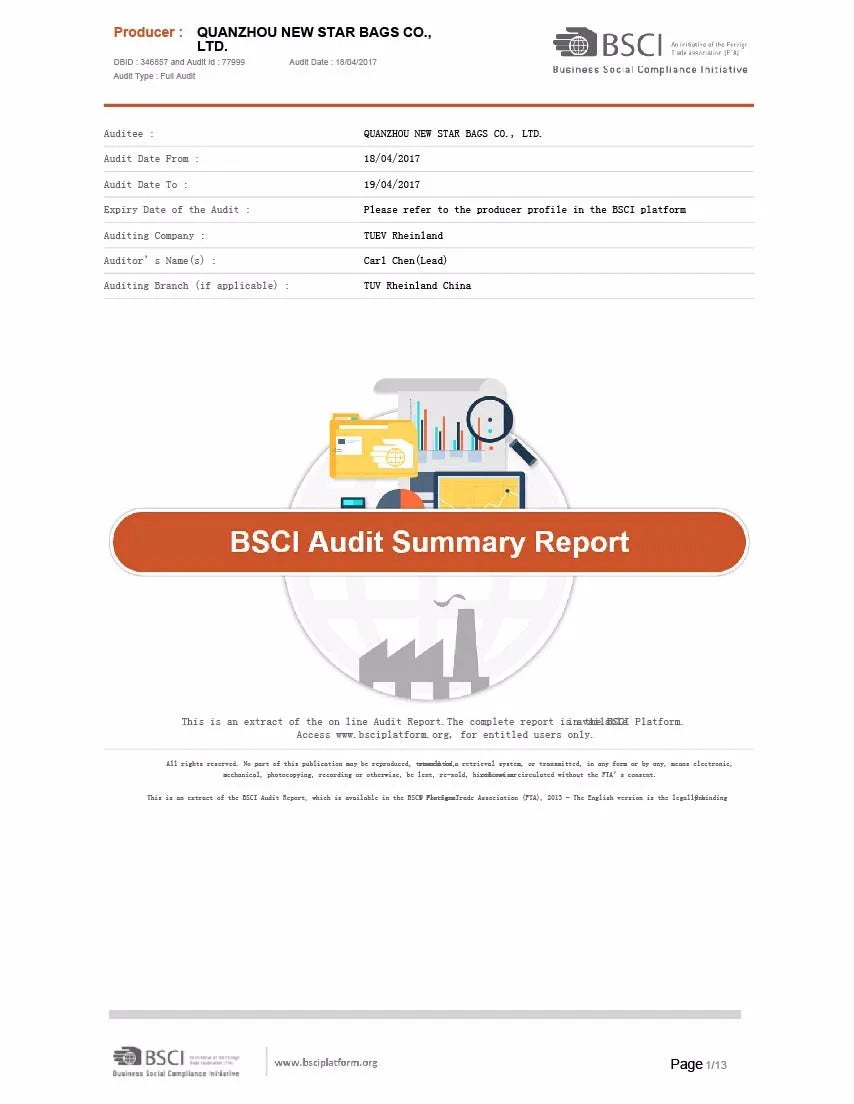 BSCI audit summary report document for Quanzhou New Star Bags Co., Ltd. certifying manufacturing compliance standards.