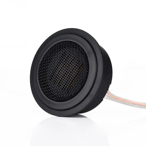 Black car audio tweeter with round mesh grill and attached wire lead