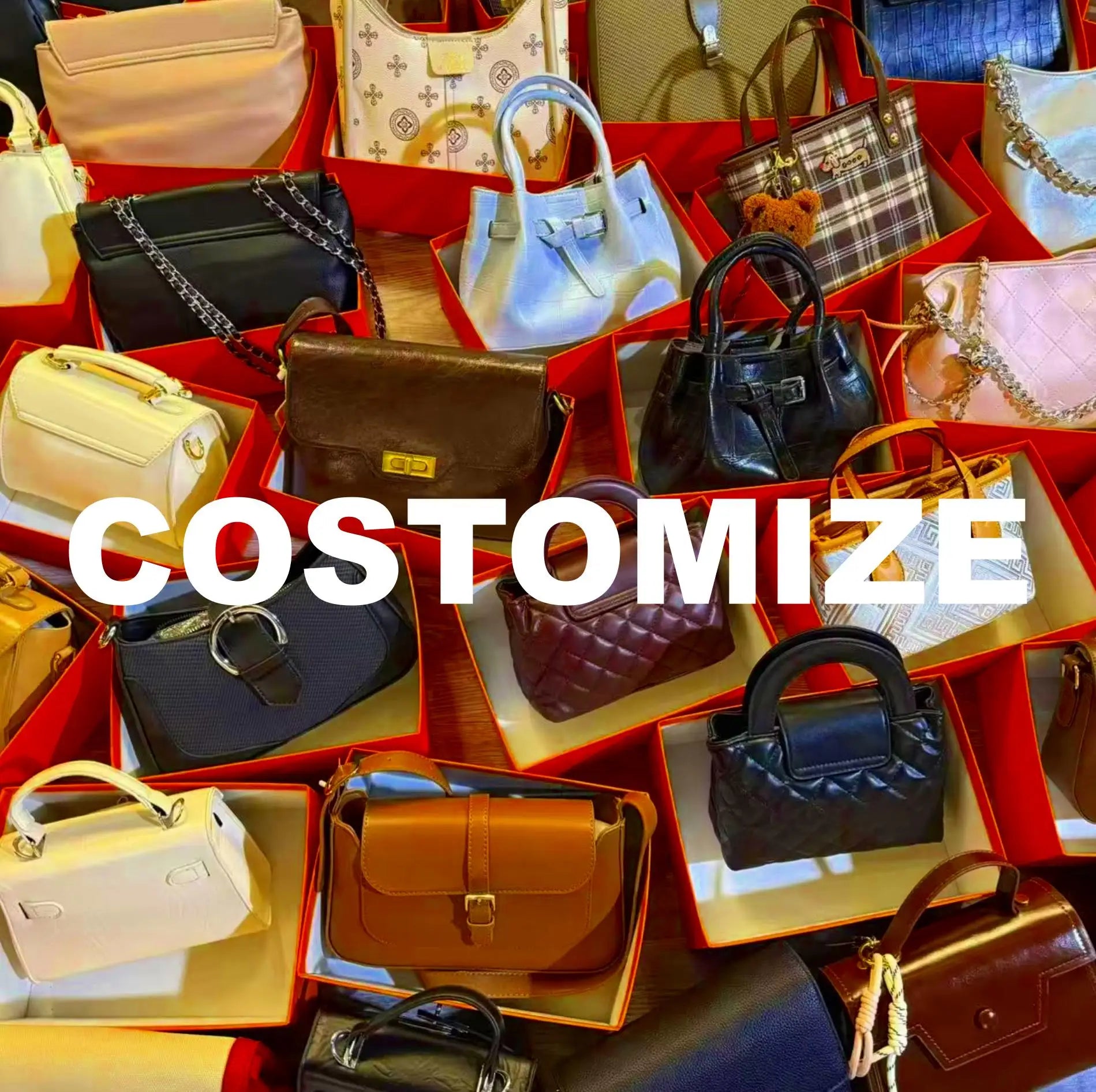 Assorted luxury designer handbags in leather and quilted styles, featuring messenger bags and trunks in various colors.