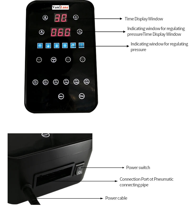 Digital control panel and ports for XXL air compression leg massage recovery boots with LED display and power switch.