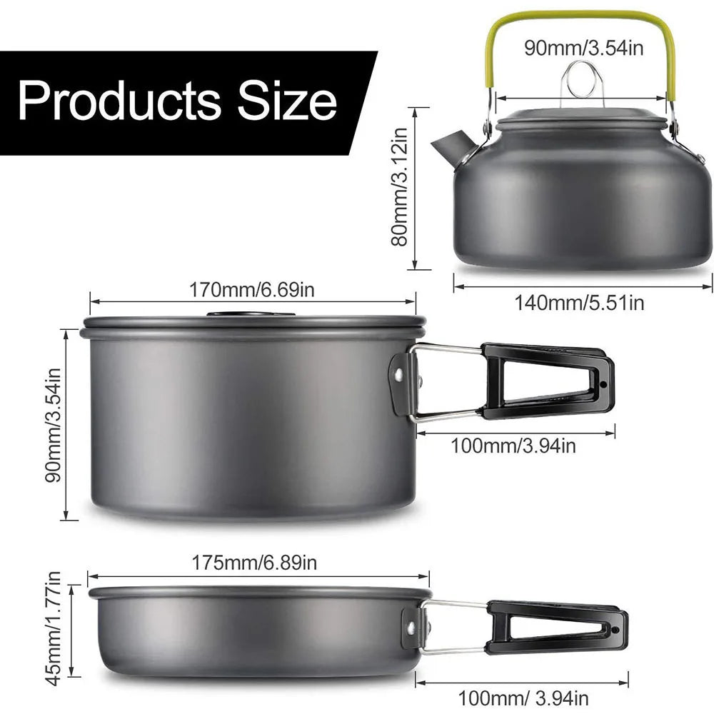 Aluminum camping cookware set size diagram featuring covered kettle and 2 nested pots