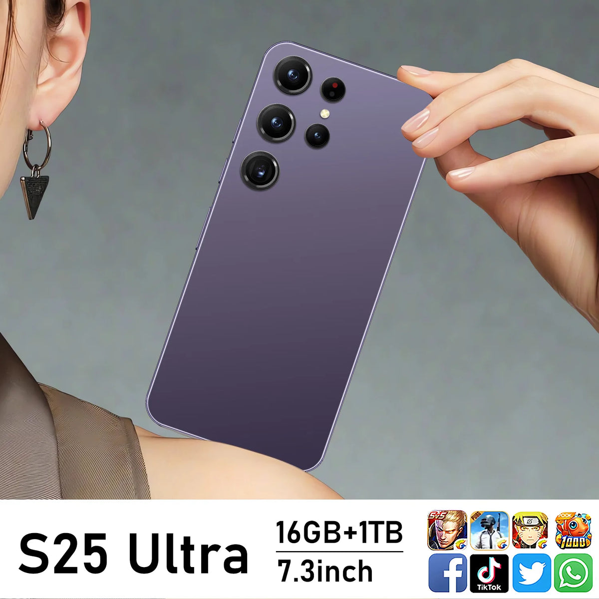 Purple 5G smartphone with quad rear cameras held in hand