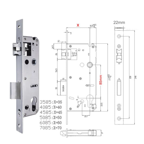 Stainless steel door lock body technical diagram with mounting dimensions