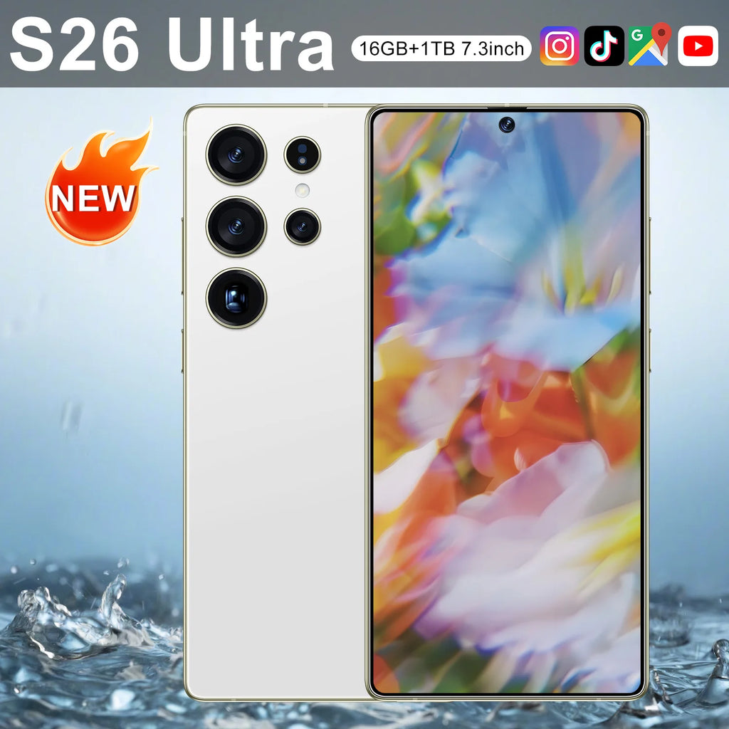 Tidesmit S26 Ultra 5G smartphone with 7.3-inch display 16GB RAM and 108MP camera in sleek modern design.