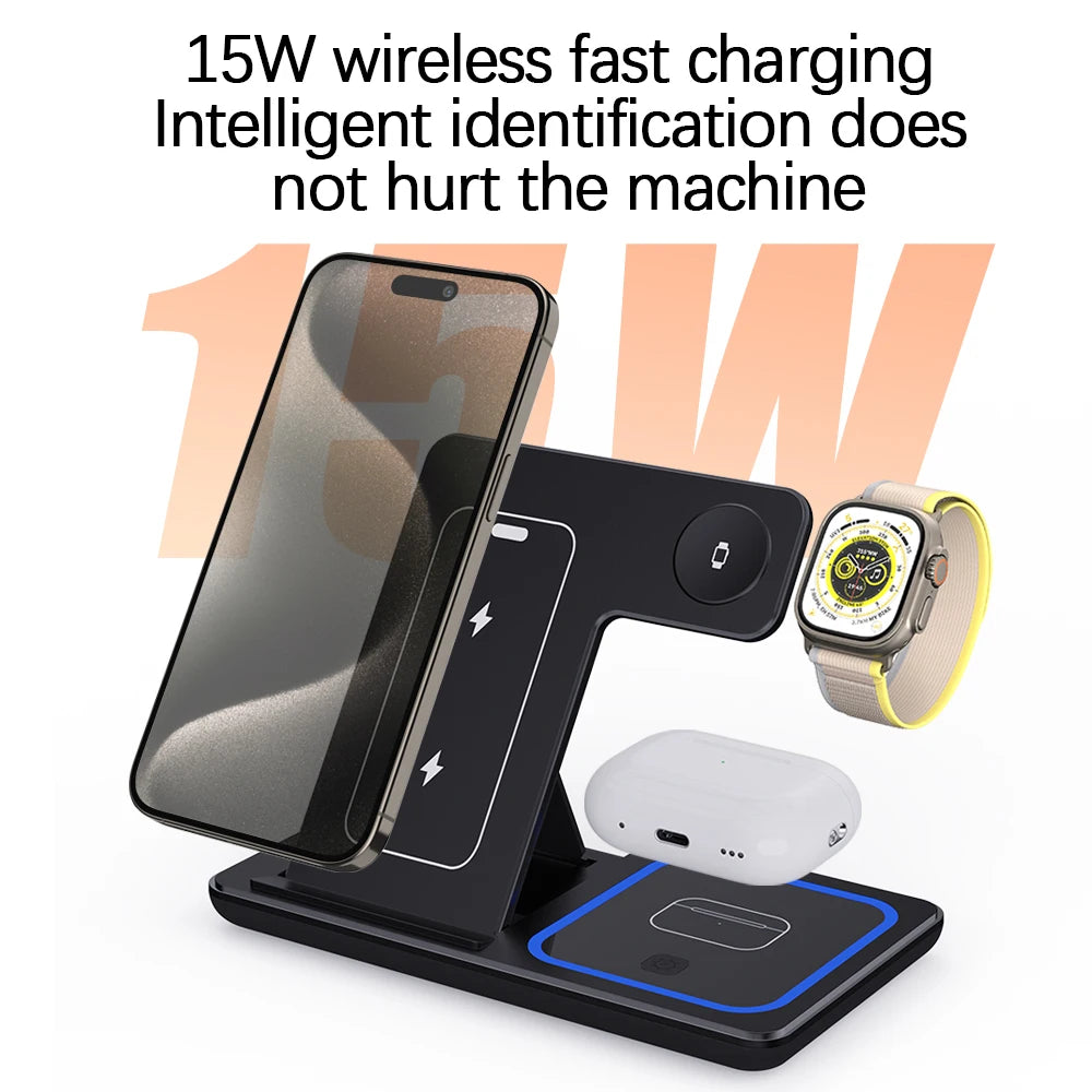 Wholesale Portable 3 in 1 Multifunction Fast Wireless Charging Stand 15w Phone 3 in 1 Foldable Wireless Charger Tidesmit