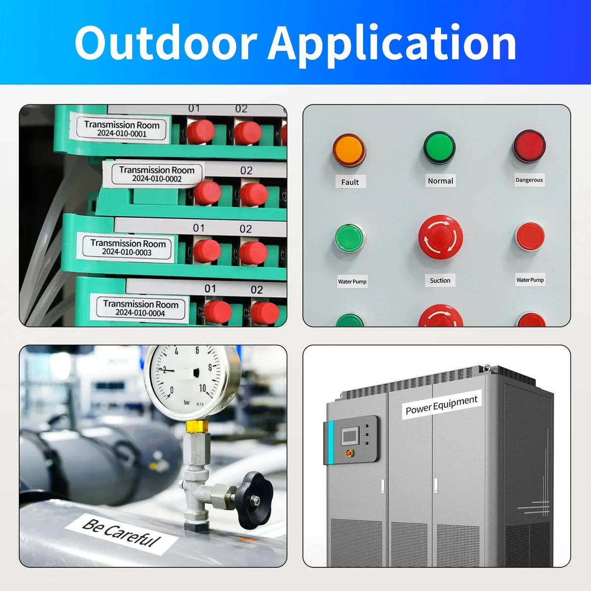 Outdoor application label graphic with control panel and equipment scenes in multiple tiles
