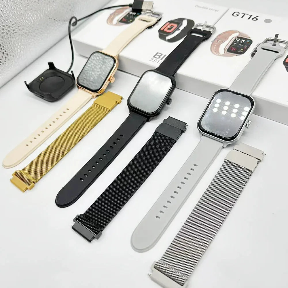 Fashion Smart Watch GT16 Fitness Tracker 2.01inch TFT Display IP68 Waterproof Android Relojes Smartwatch with Double Straps - Tidesmit