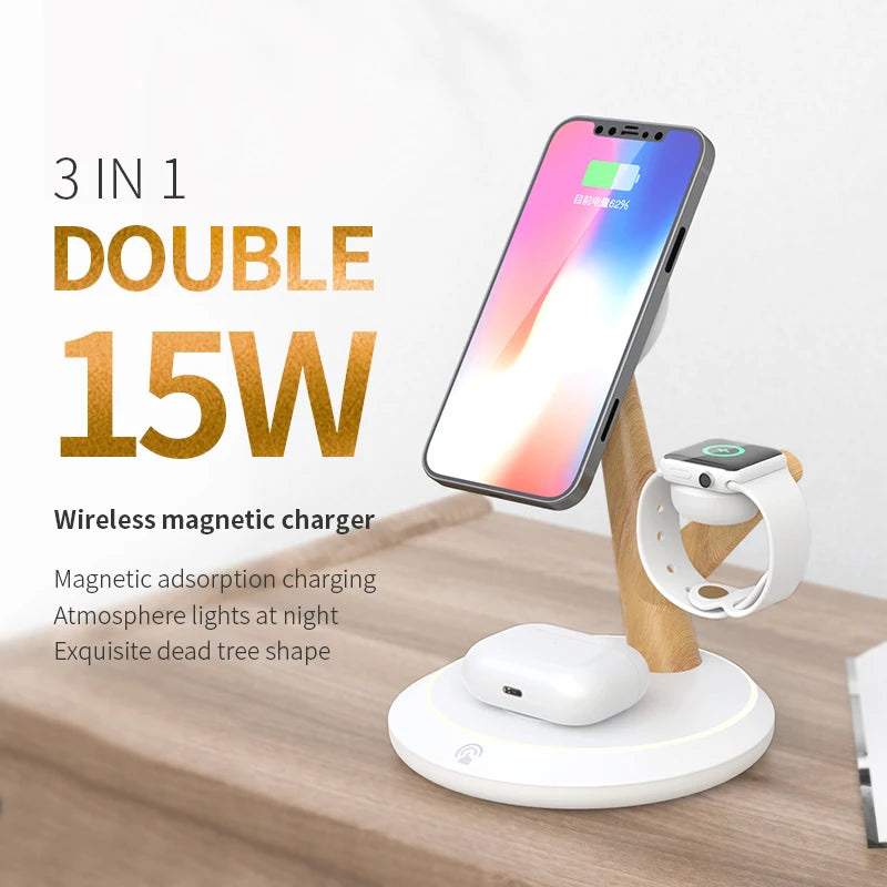 Power bank charger-15W High Quality Desktop 3 in 1 Branch Stand Magnetic Charger Dual Night Light Hot Product Mobile Phone Wireless Charger Tidesmit