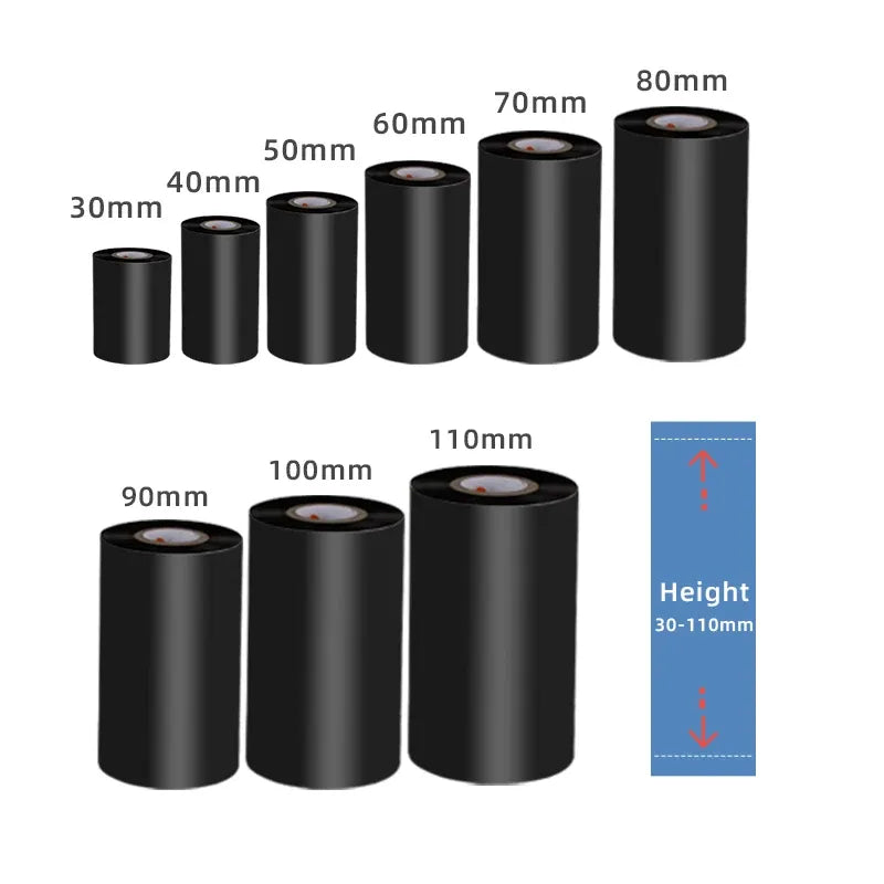 Black thermal transfer ribbon rolls shown in multiple widths with height indicators