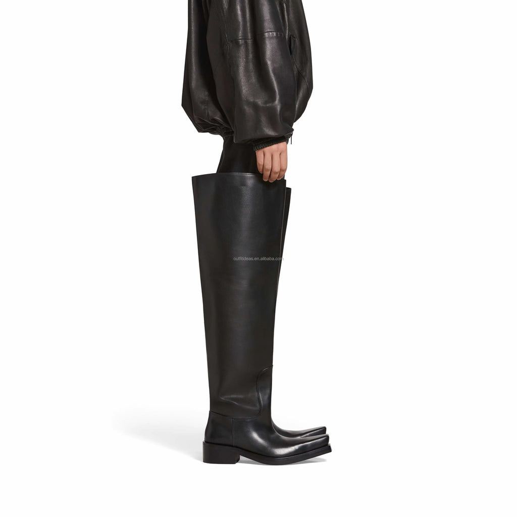 Extra Square Toe Calfskin Chelsea Boots Chunky Low Block Heel Shoes Black Santiago Over-the-knee Leather Biker Boots for Men