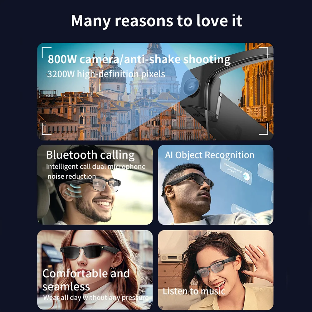 SENBONO Smart Glasses Translator L802 Recognition 8MP Video/Audio Recording Smartglasses with Camera Wifi AI Translation Tidesmit