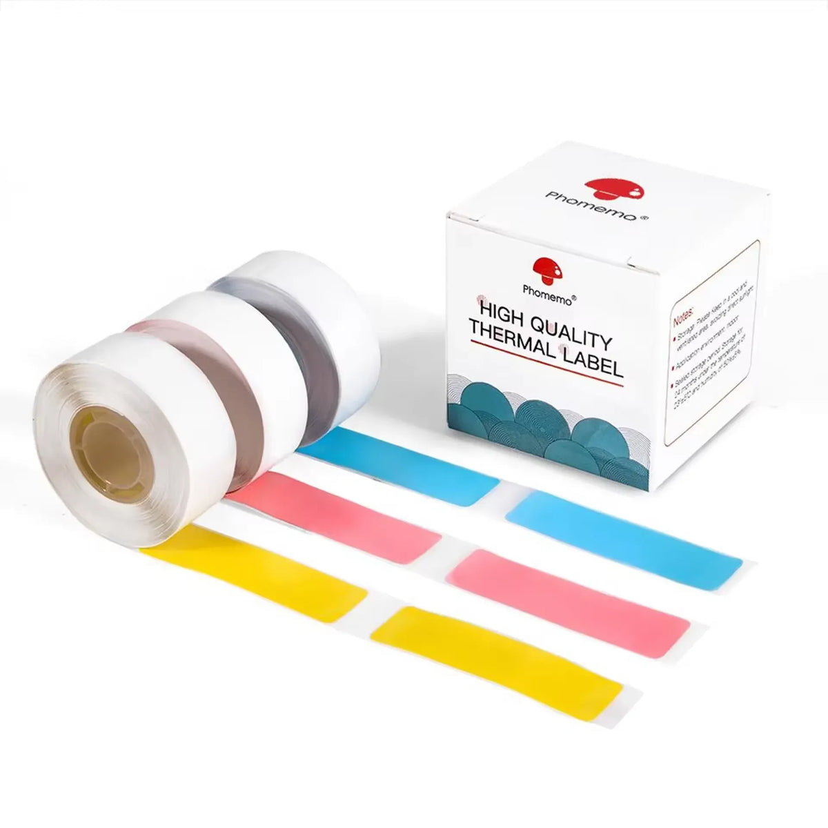 Transparent thermal label tape rolls with colored label strips and product box