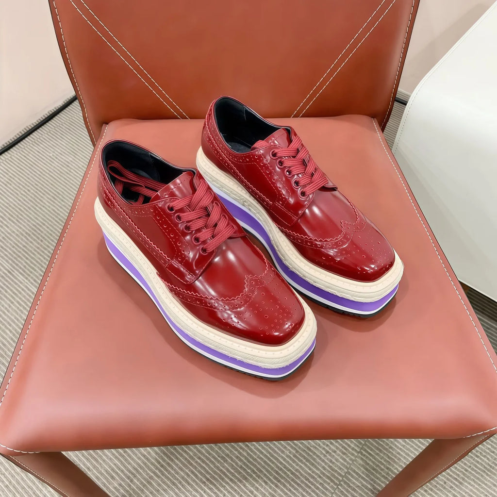 Luxury Designer Toe Stacked Platform Lace-up Vamp Breathable Walking Shoes Orange Calf Leather Re-Edition 65mm Wingtip Loafers