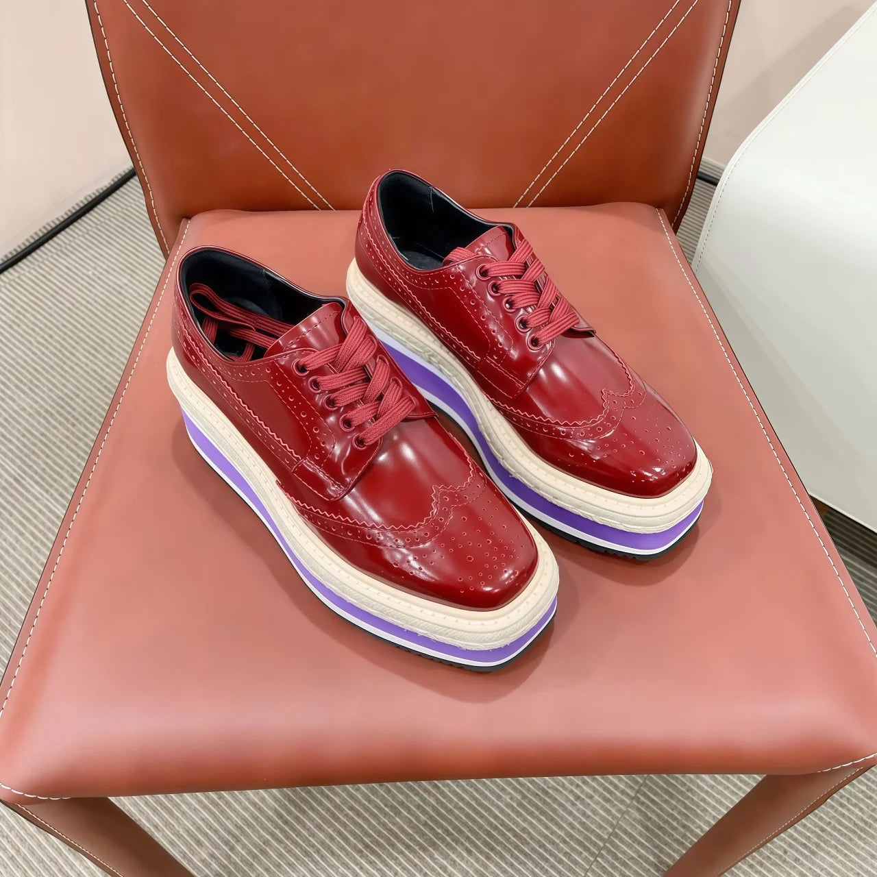 Luxury Designer Toe Stacked Platform Lace-up Vamp Breathable Walking Shoes Orange Calf Leather Re-Edition 65mm Wingtip Loafers