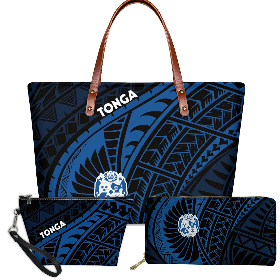 3-piece blue Polynesian tribal print handbag set featuring Tonga crest and text with brown leather handles.