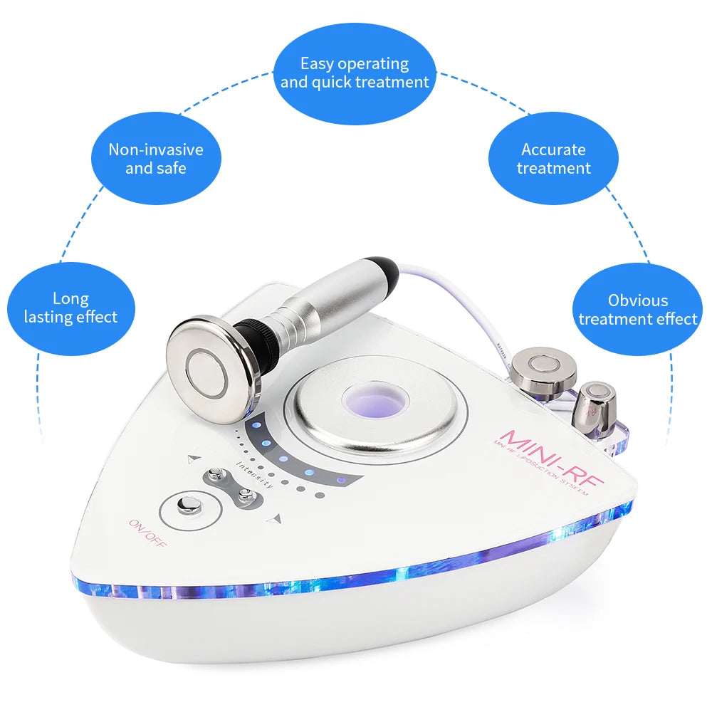 White triangular 3-in-1 RF skin lifting device with metal probes, intensity settings, and benefit callouts.