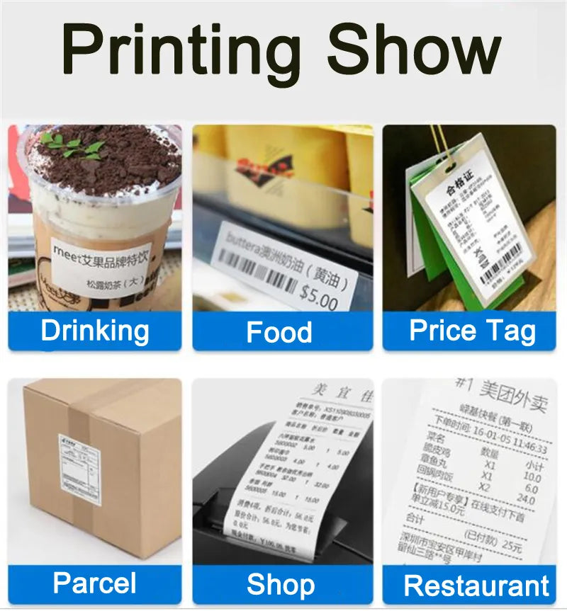 Thermal printer dispensing labels for receipts, food tags, and price tags