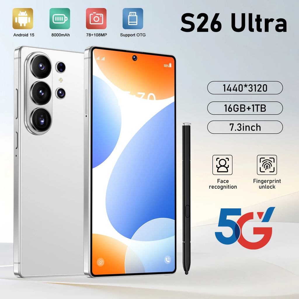 S26 Ultra 5G smartphone with 7.3 inch full screen, 16GB RAM, 1TB storage, and built-in stylus pen, silver