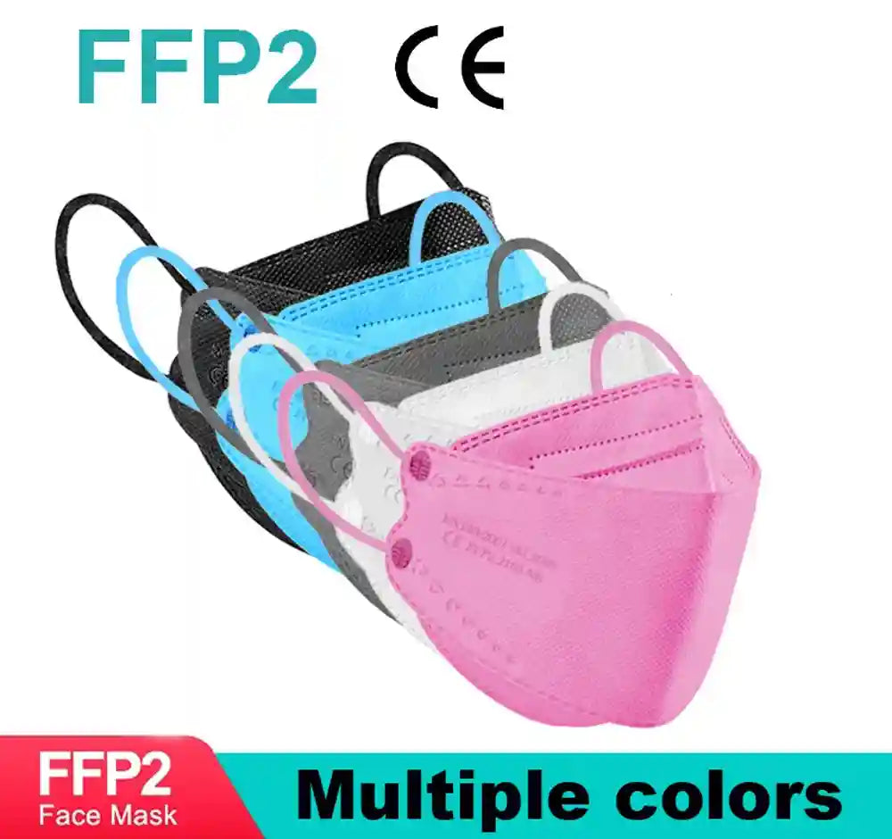 Stack of 4-layer FFP2 KN95 face masks in pink, white, grey, blue, and black with textured fabric finish.