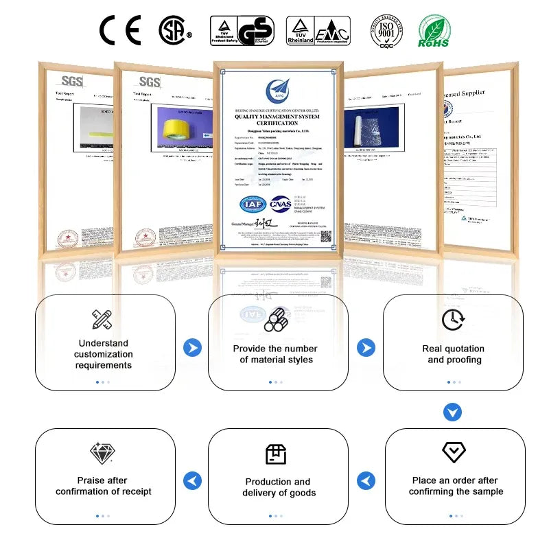 Packaging tape quality certification badges and document panels with compliance text