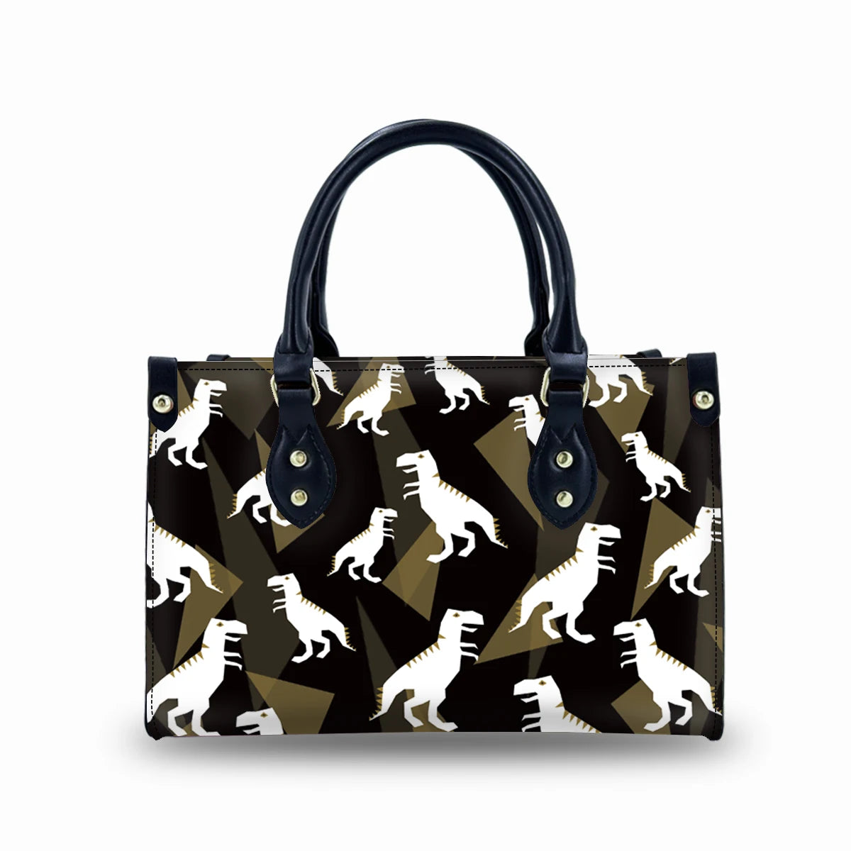 Small faux leather trunk handbag with black and brown geometric T-Rex dinosaur print and dark blue top handles.