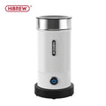HiBREW electric milk frother, white cylindrical design with stainless steel top and black base, power button.
