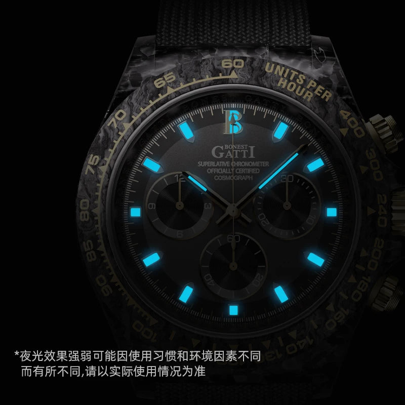 Automatic Mechanical Chronograph Watch Carbon Fiber Speedometer Ring 1600 Degree Sintered High Hardness Luminous
