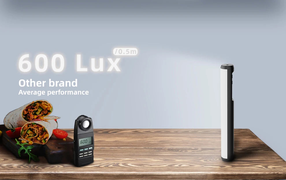 A black, cylindrical portable LED light bar emitting a beam measured at 600 lux by a digital light meter on a table.