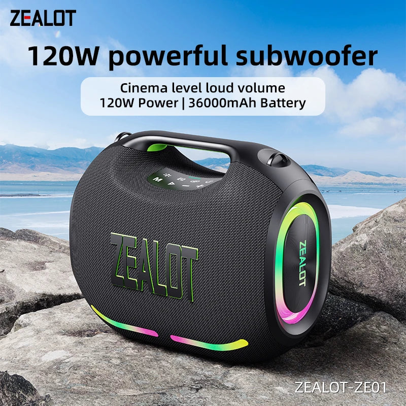Bluetooth Speaker -ZEALOT ZE01 120W Wireless Speakers with Subwoofer, IPX6 Waterproof RGB Light, Deep Bass, TWS/TF/AUX/EQ Outdoor for Party Beach