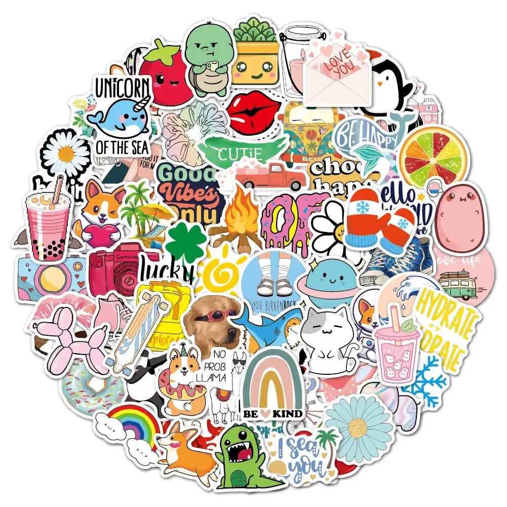 Waterproof vinyl sticker pile with cute animals, food, and smiley icons
