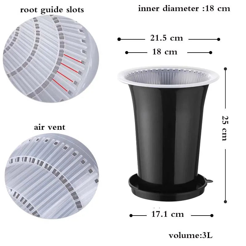 Black plastic orchid planter pot with air vents and root guide slots, vented base