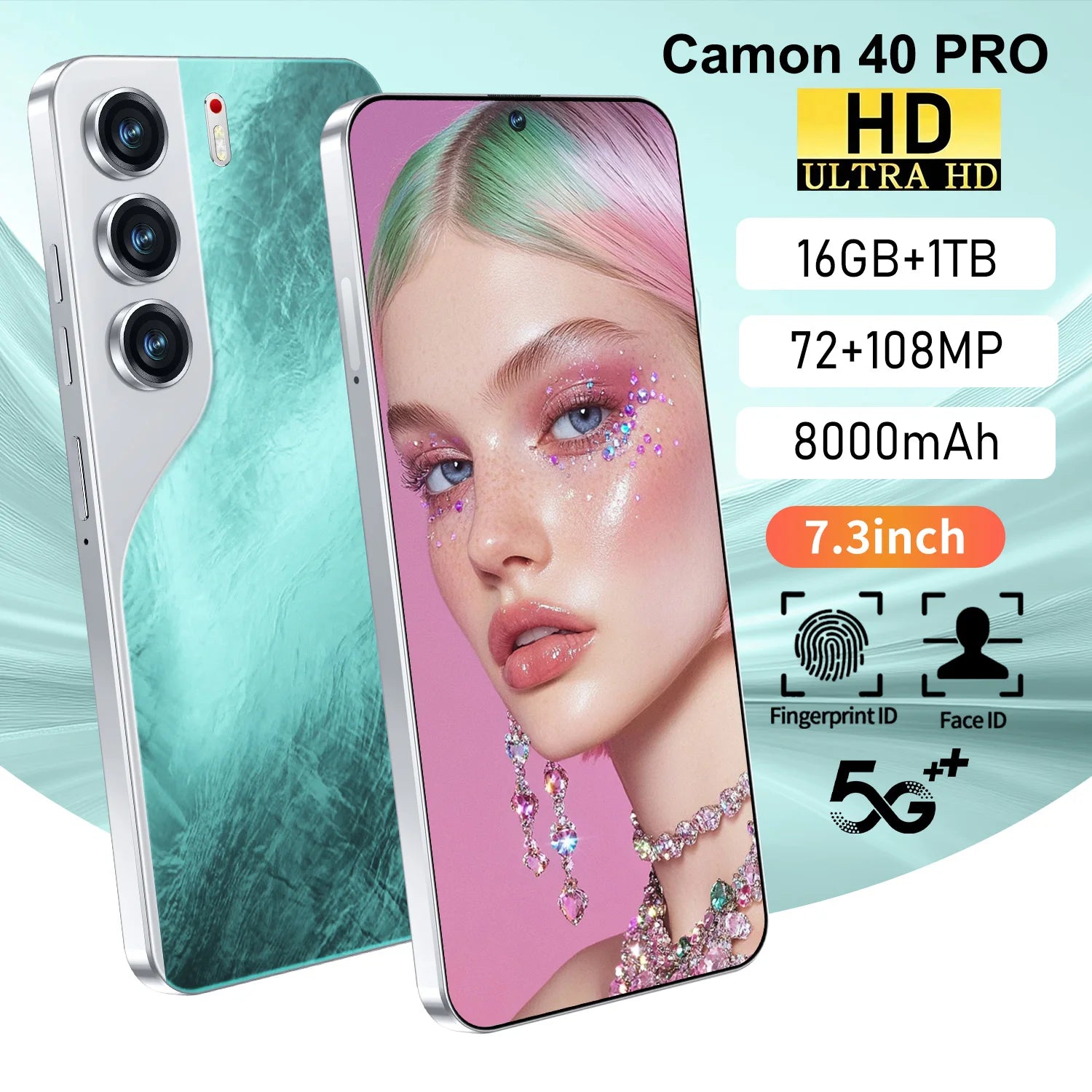Camon 40 Pro 5G smartphone with 16GB RAM and 1TB storage showing the 7 inch display and 108MP camera features