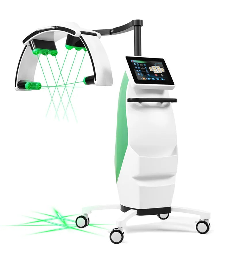 Standing LLLT fat burning machine with touchscreen, green laser light therapy, and mobile base for weight loss.