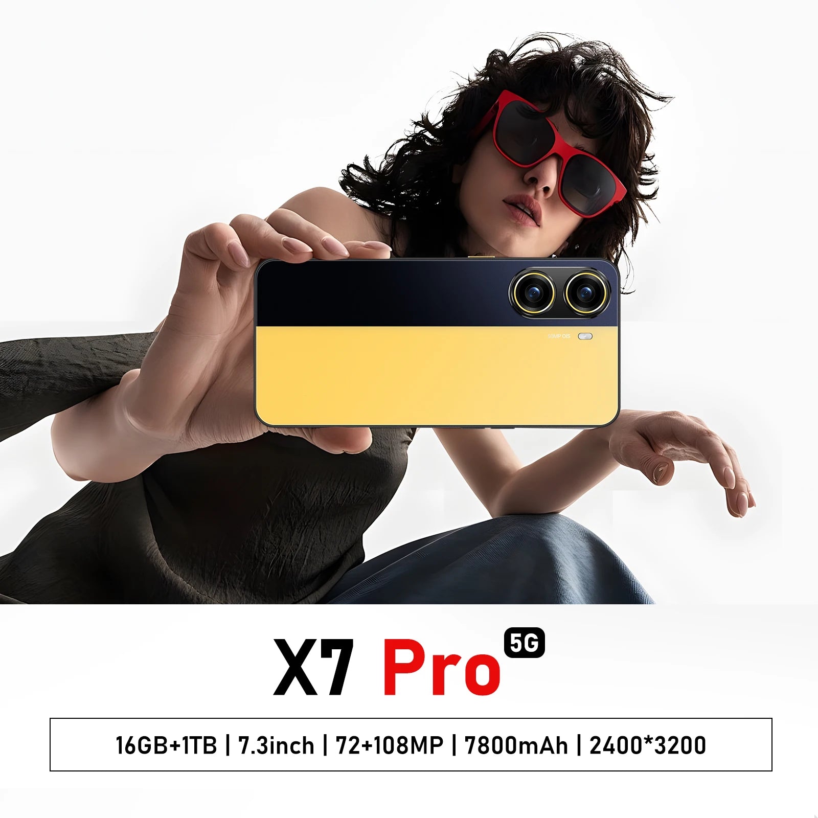 Tidesmit X7 Pro Android smartphone with 7.3 inch display and long lasting 7800mAh battery in sleek modern design.