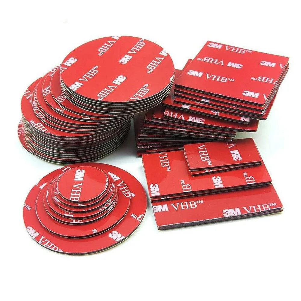 Double-sided acrylic foam tape die-cuts with red backing and exposed black foam