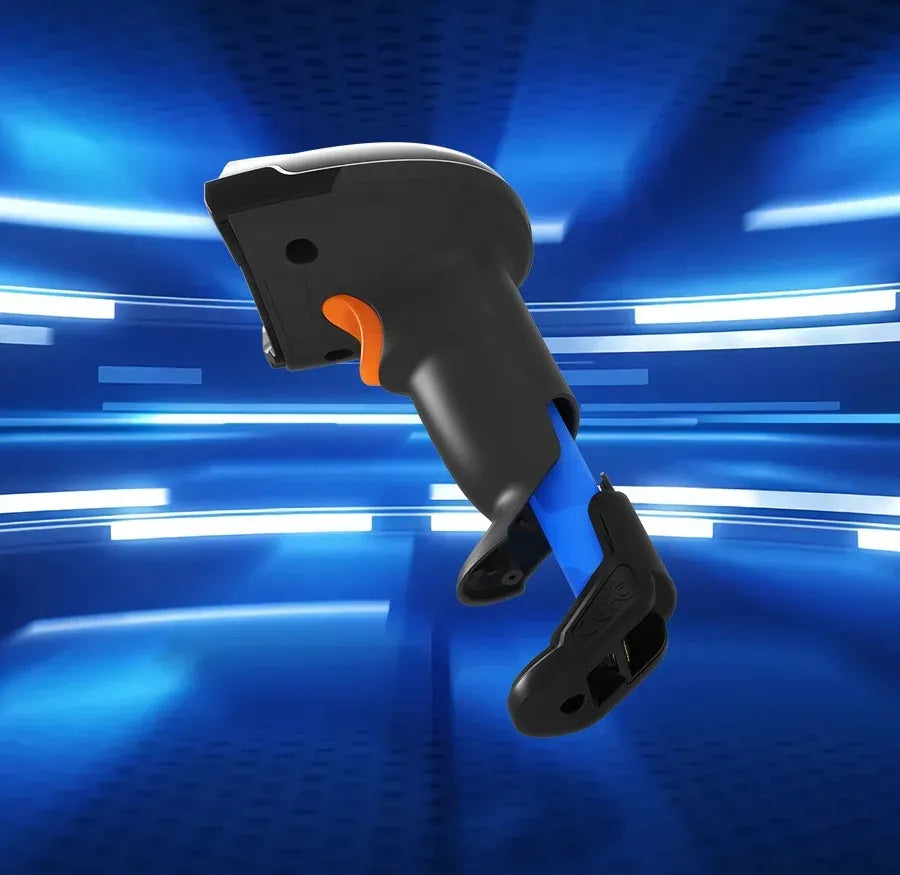 Handheld barcode scanner angled view with orange scan trigger