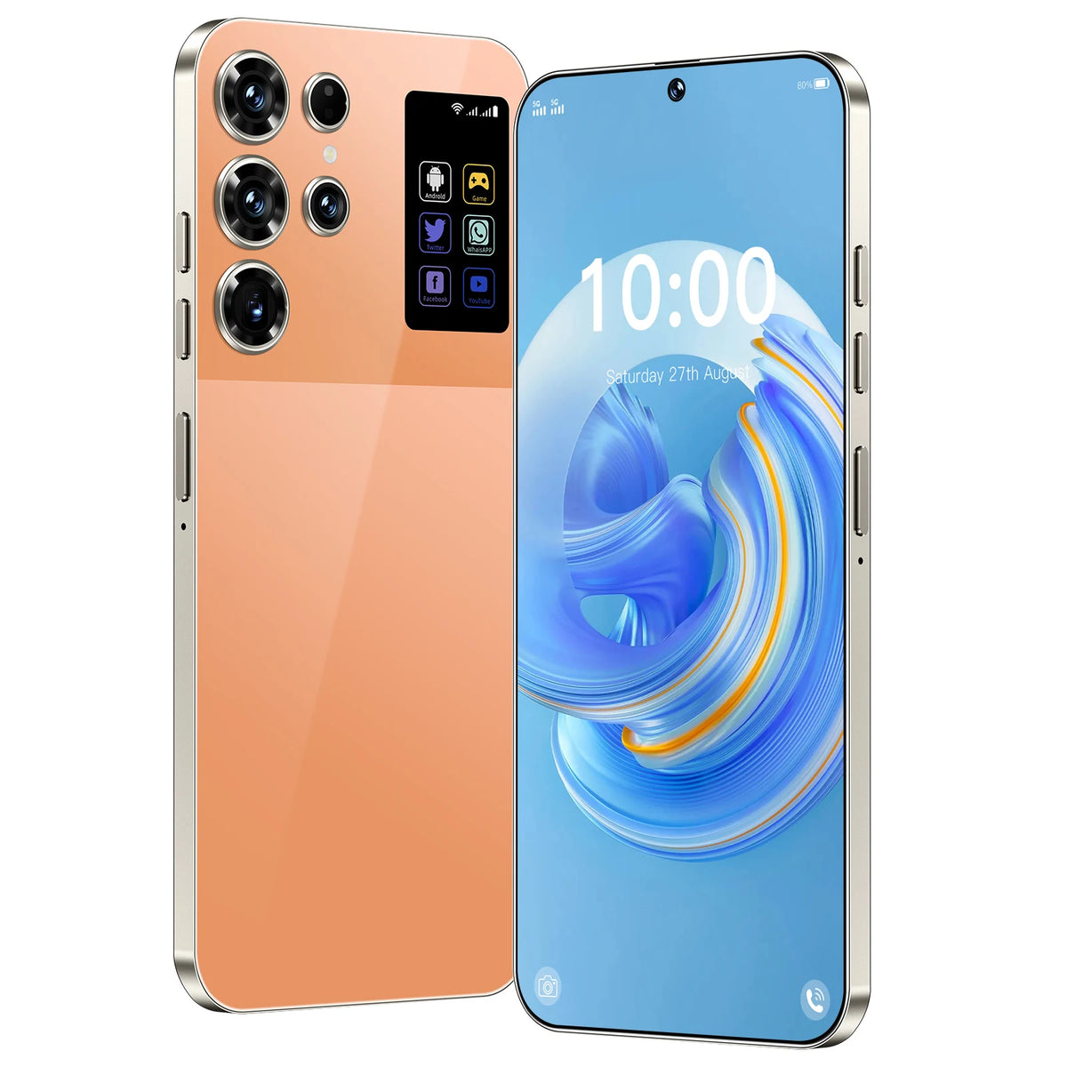 Orange Android smartphone with quad rear cameras and front display with blue wallpaper.