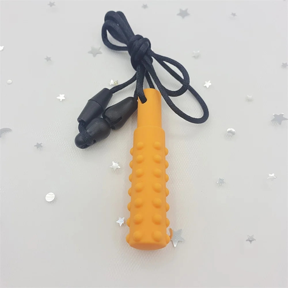 Orange silicone baby teething toy on a black breakaway necklace cord for soothing teething relief.