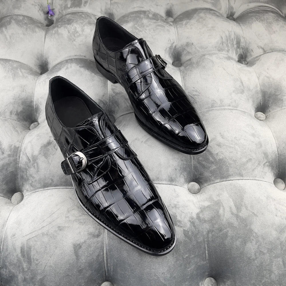 Newest Black Men Shoes Leather Comfort Slip-On High-end Handmade Men Dress Shoes Monk Strap Genuine Crocodile Leather Men Shoes
