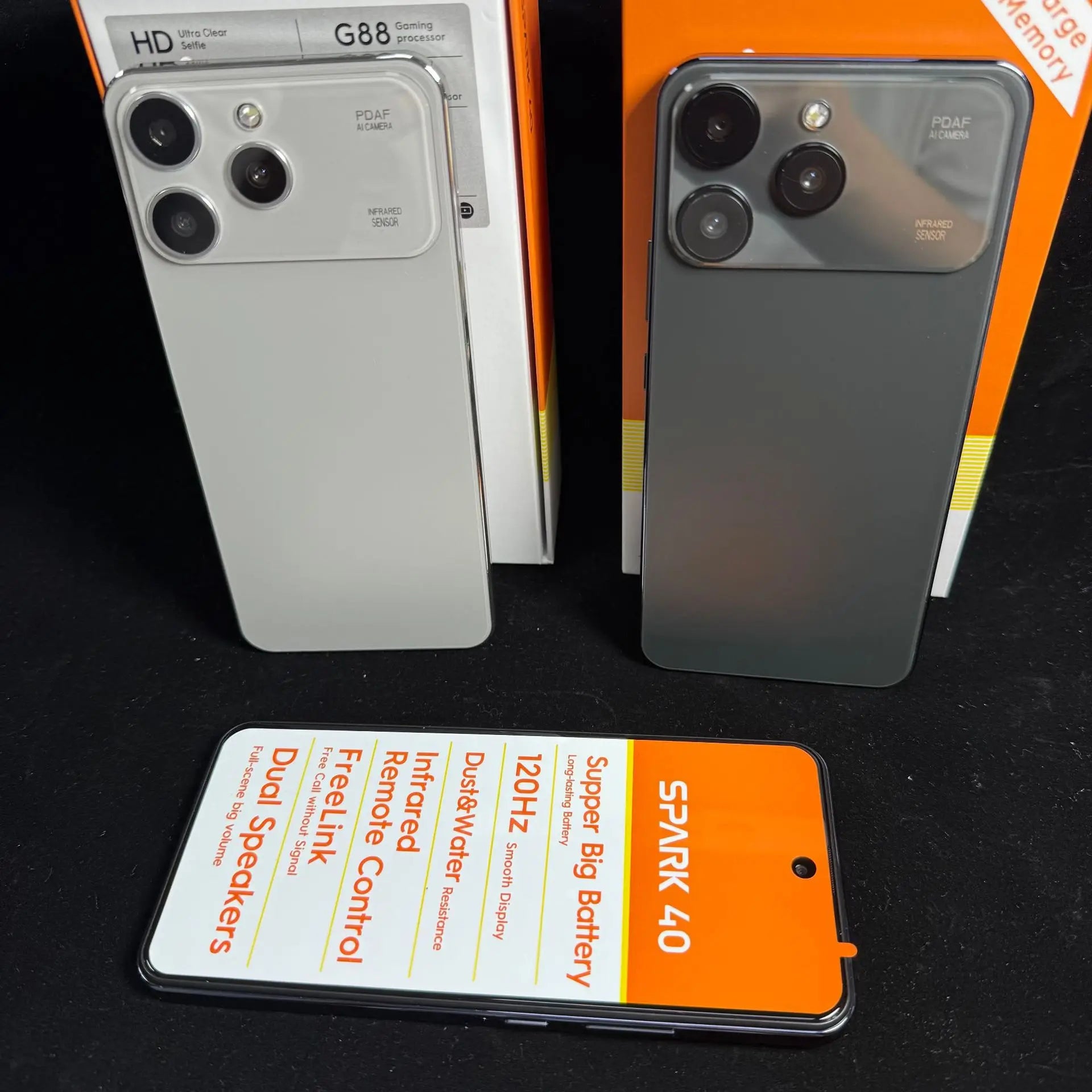 Spark 40 5G smartphone with 16GB RAM, 1TB storage, 108MP camera, and HD screen, shown in product gallery view.