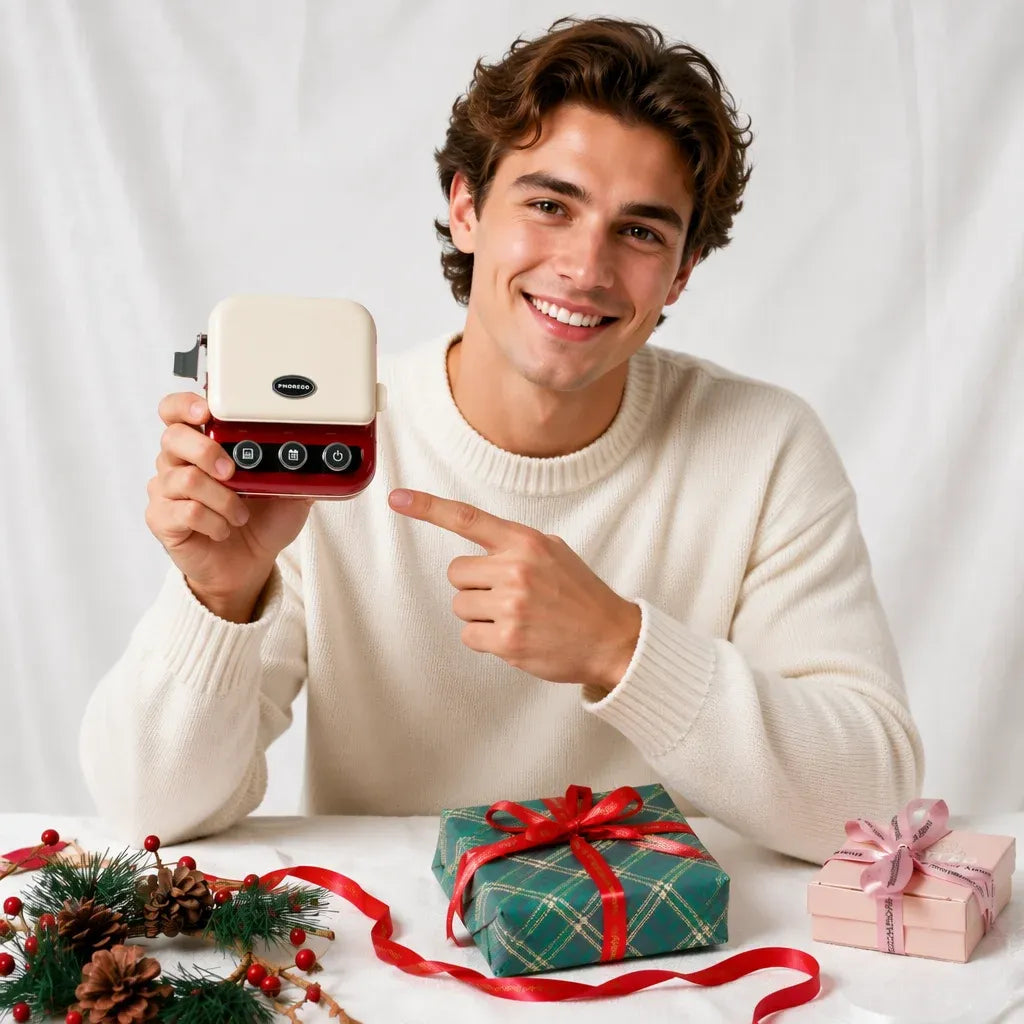 Person holding a label maker with wrapped gifts and red ribbon bows