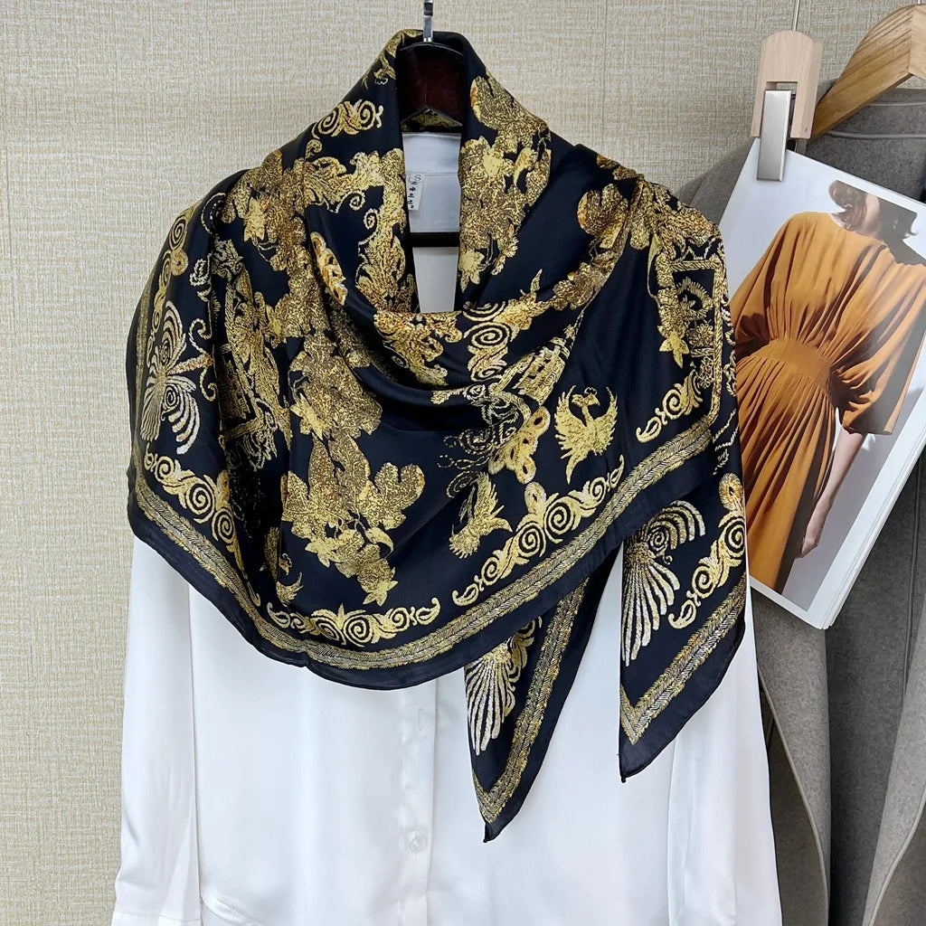 105cm Large Square Scarf Mulberry Silk Crepe Satin Shawl Printed Floral Scarf