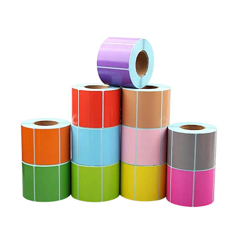 Direct thermal label stock rolls stacked, assorted colors, waterproof scratch-off adhesive