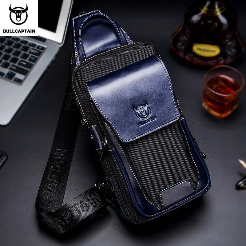 Blue genuine leather and nylon men's crossbody chest bag with BULLCAPTAIN logo and adjustable shoulder strap.