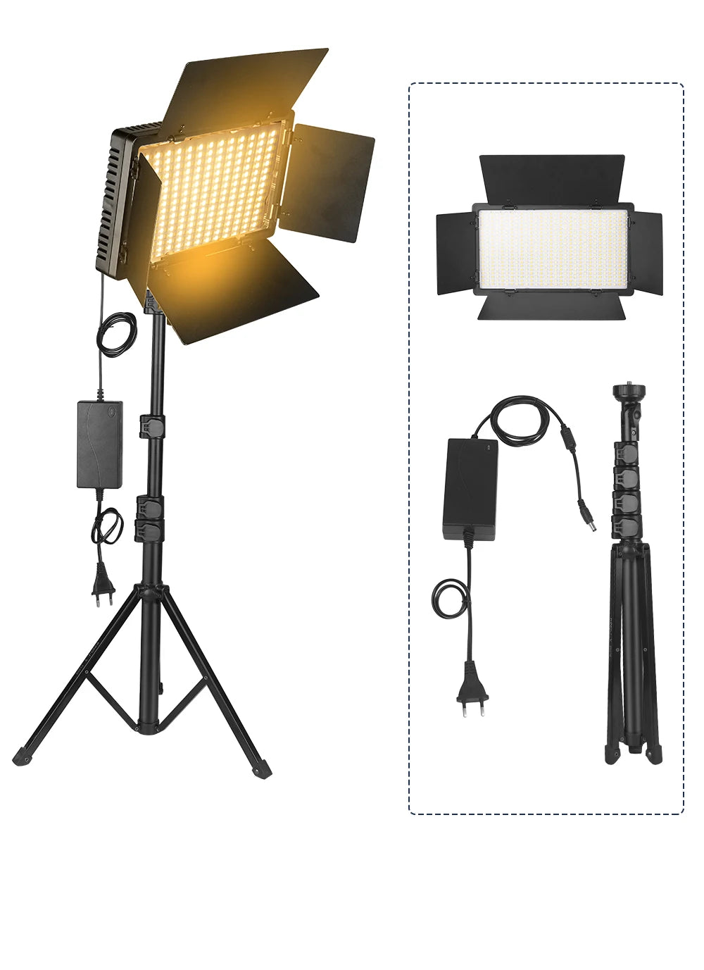 LED video light panel with adjustable barn doors on a black tripod stand, including power cable and adapter.