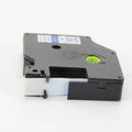 Black D1 thermal label tape cassette with exposed blue strip and green gear window