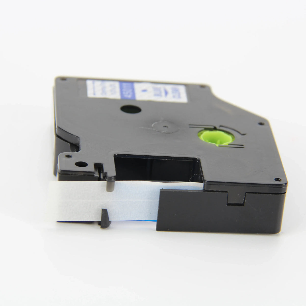 Dymo D1 thermal label cassette, black with blue strip and green supply wheel