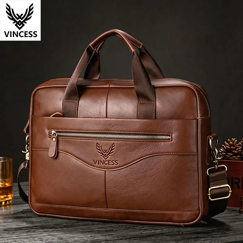 VINCESS Genuine Leather Zipper Closure Business Briefcase Office Executive Lawyer Handbag Men Bag Laptop Computer Crossbody Bag